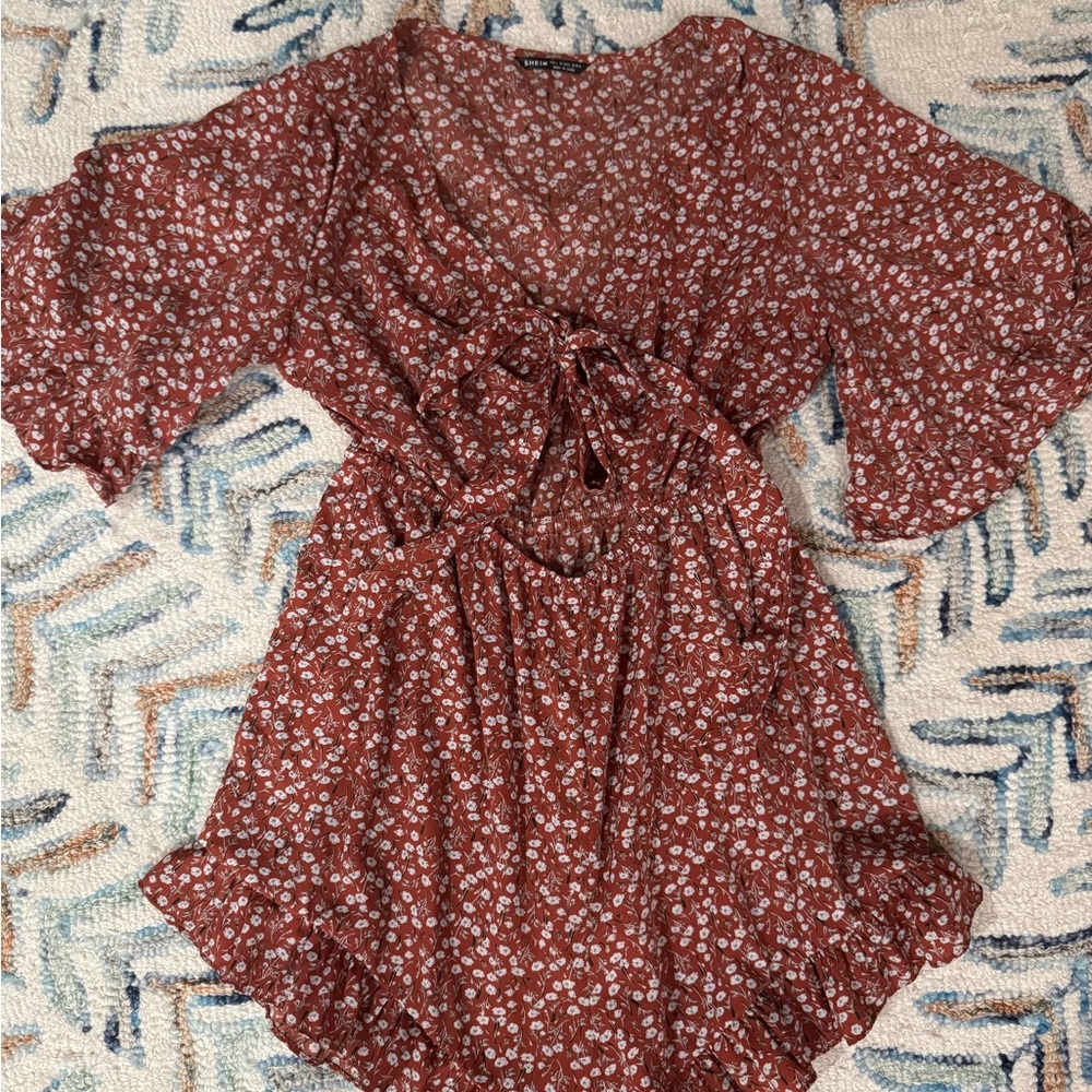 SHEIN Floral Mini Dress in Rust Red